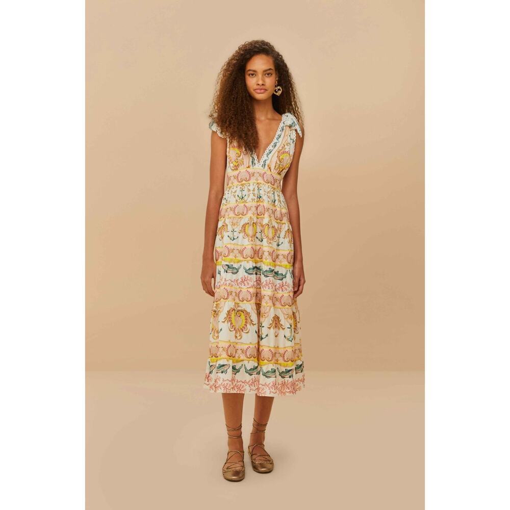 FARM Rio Cream Midi Dress with Multicolor Floral Motifs XL